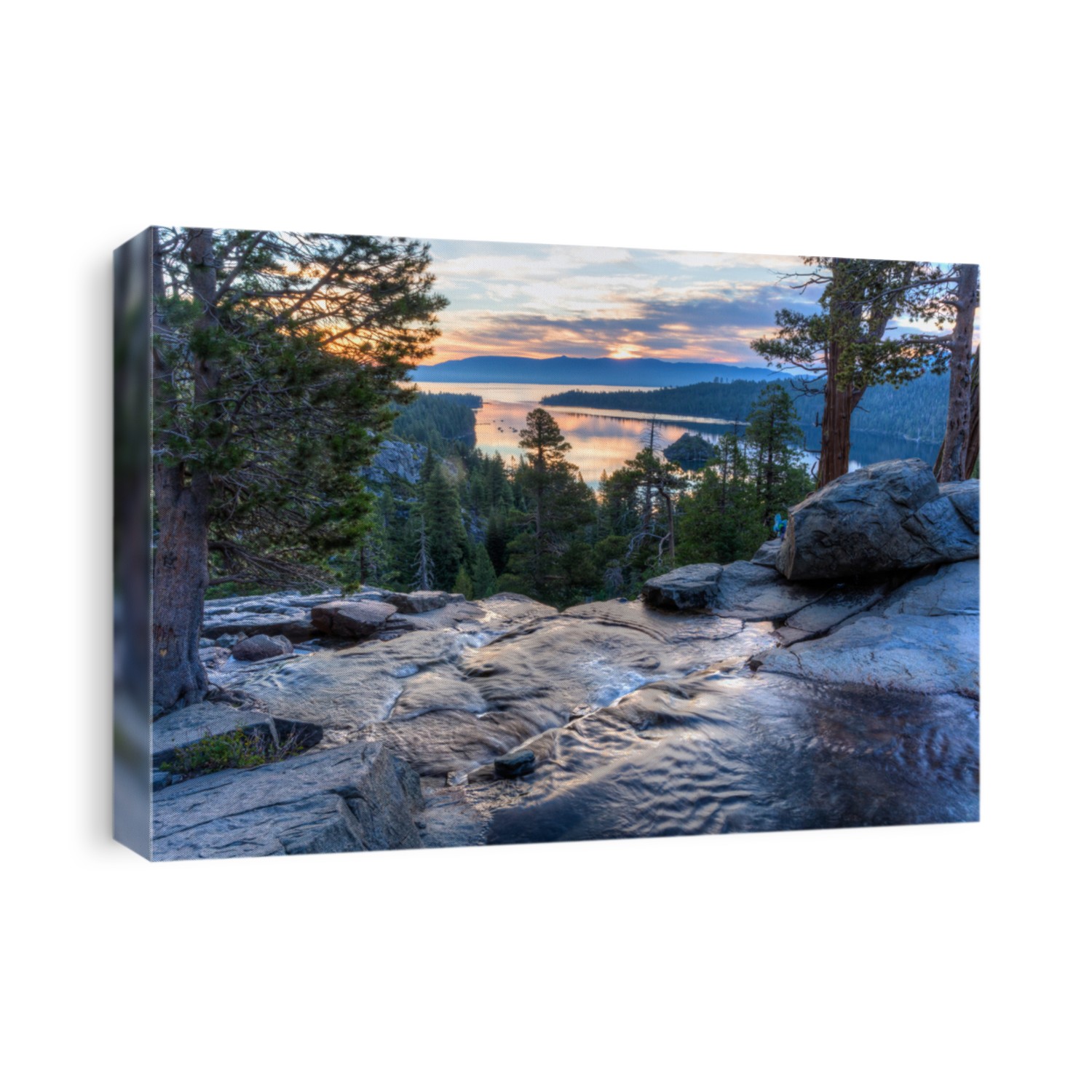 Colorful sunrise on Emerald Bay from the top of Eagle Falls off Lake Tahoe in California.