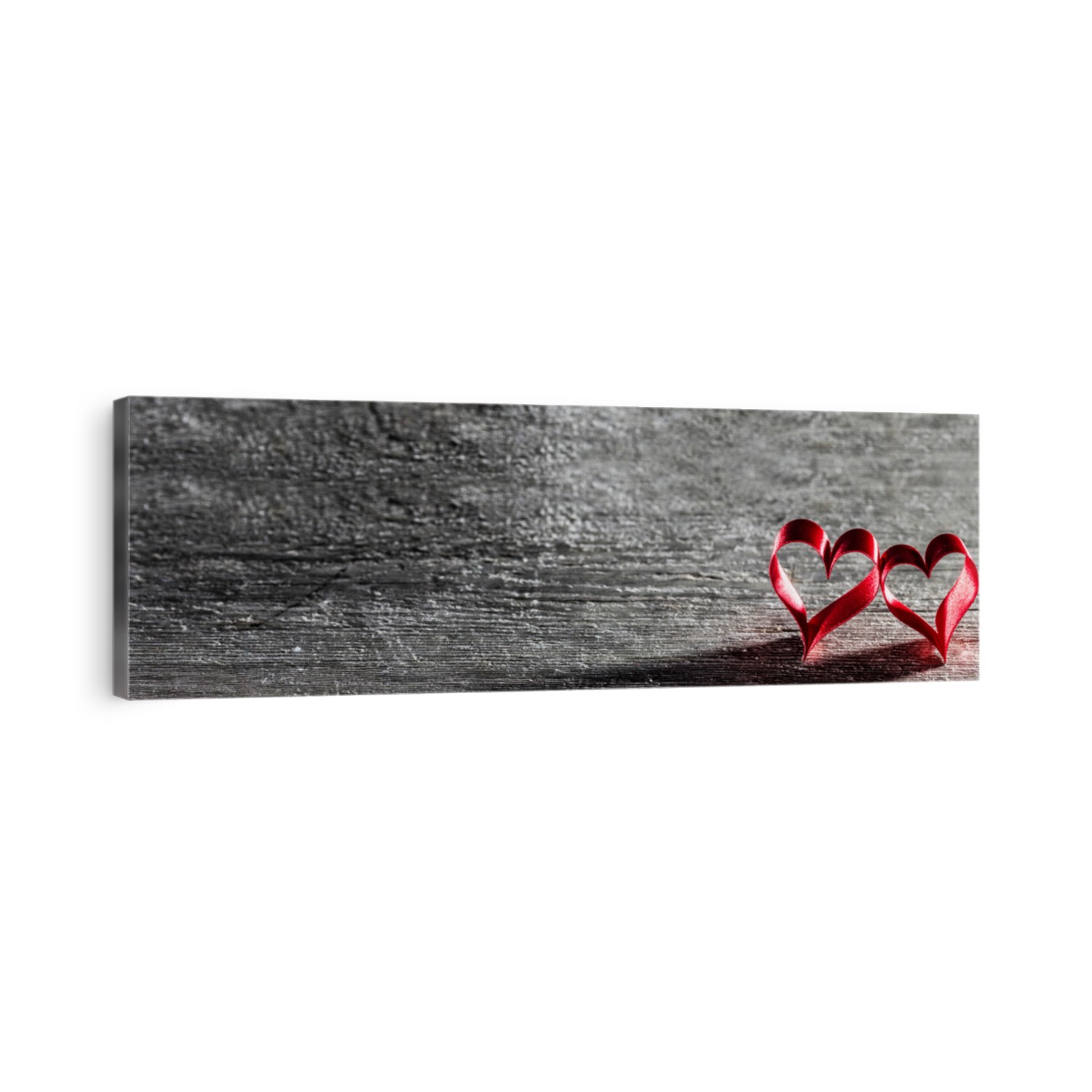 Two red ribbon hearts on wooden background with copy space for text, Valentines day concept