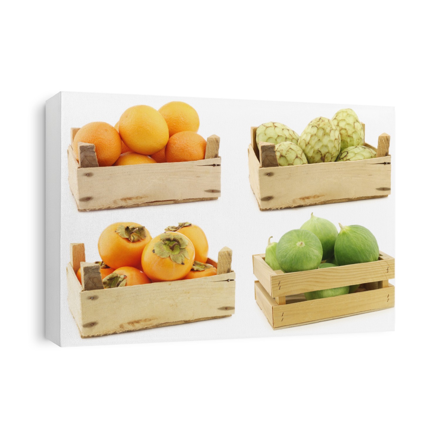 fresh oranges, cherimoya fruit  (Annona cherimola), kaki fruit and cumelo's (mix between a cucumber and a melon) in a wooden crate on a white background