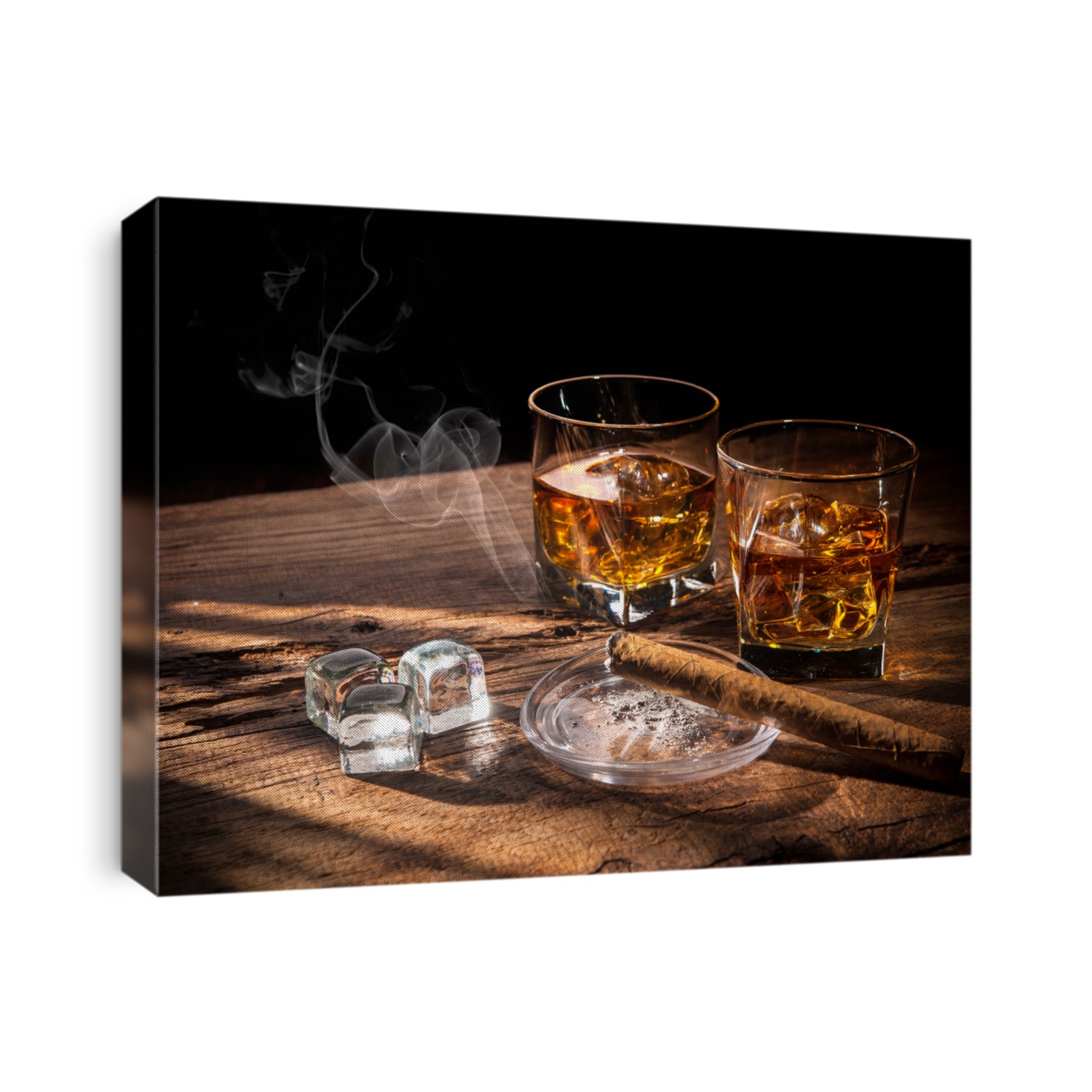 Glasses of whiskey with smoking cigar and ice cubes on wooden table
